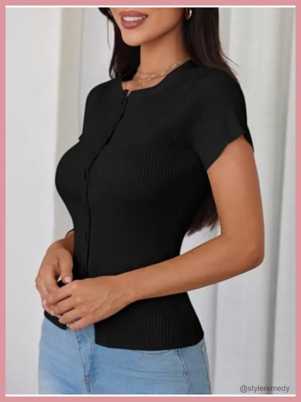 Short Sleeve Button Down Cropped Cardigan - Slim Fit Ribbed Knit Summer Top